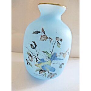Vintage Blue Satin Glass Hand Painted Birds Vase Japan 7 1/2"